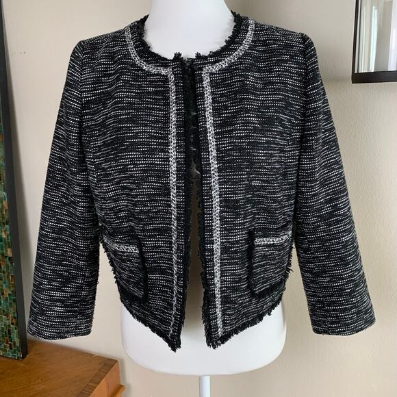 Frenchi Size L Tweed Crop Blazer Jacket Black and White Fringe Trim Preppy Fall - Picture 2 of 10